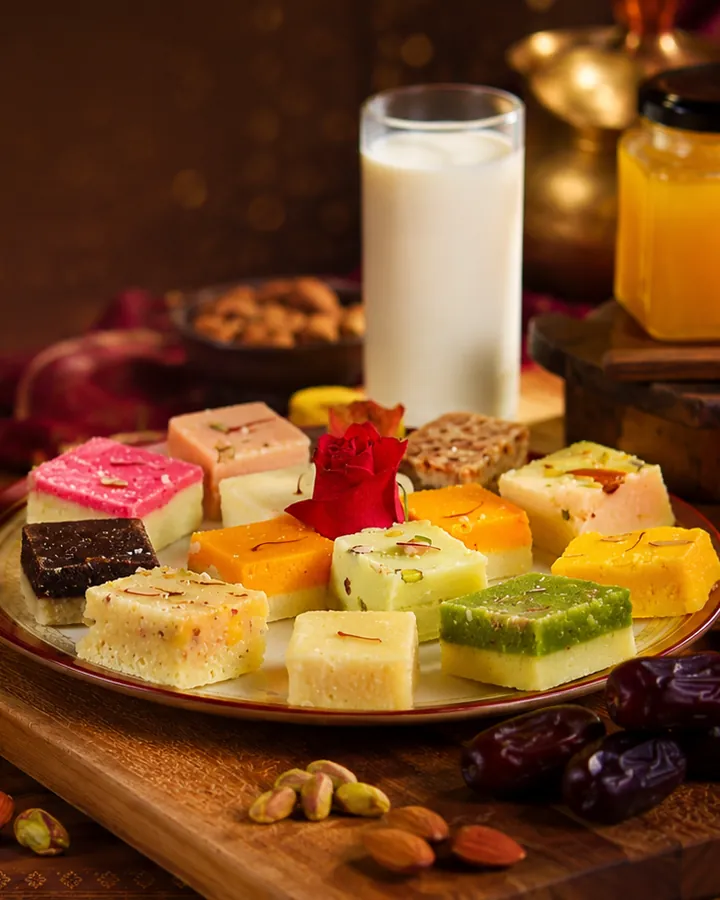 An assortment of coloured milk sweets on a wooden platter
