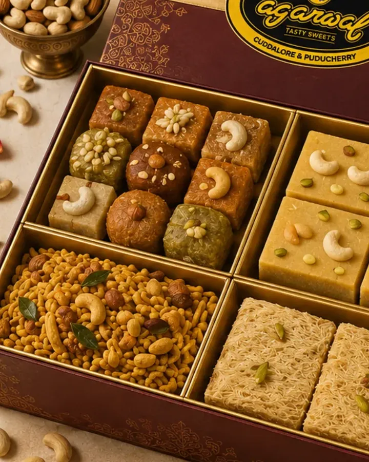 A festive hamper box filled with assorted sweets and mixture
