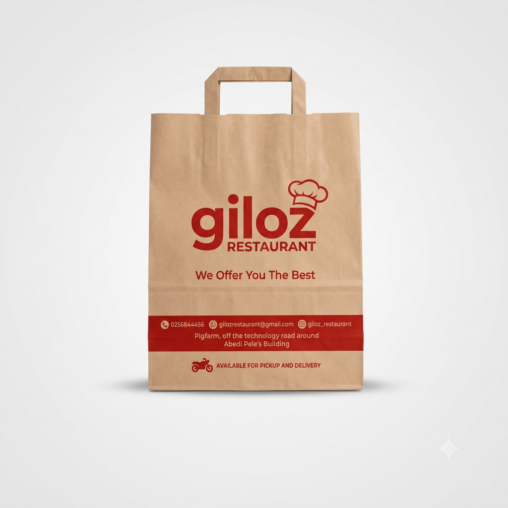 Giloz Restaurant — tall kraft bag with flat paper handles and bold red branding.