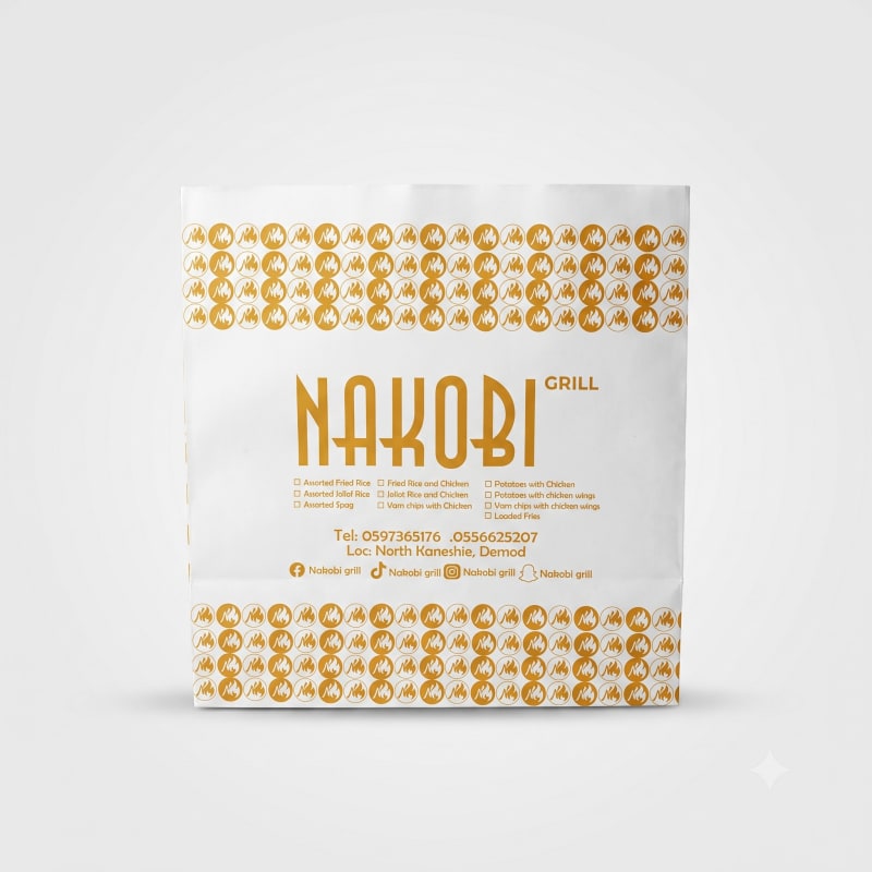 Nakobi Grill — white flat paper bag with all-over gold fire-icon print.