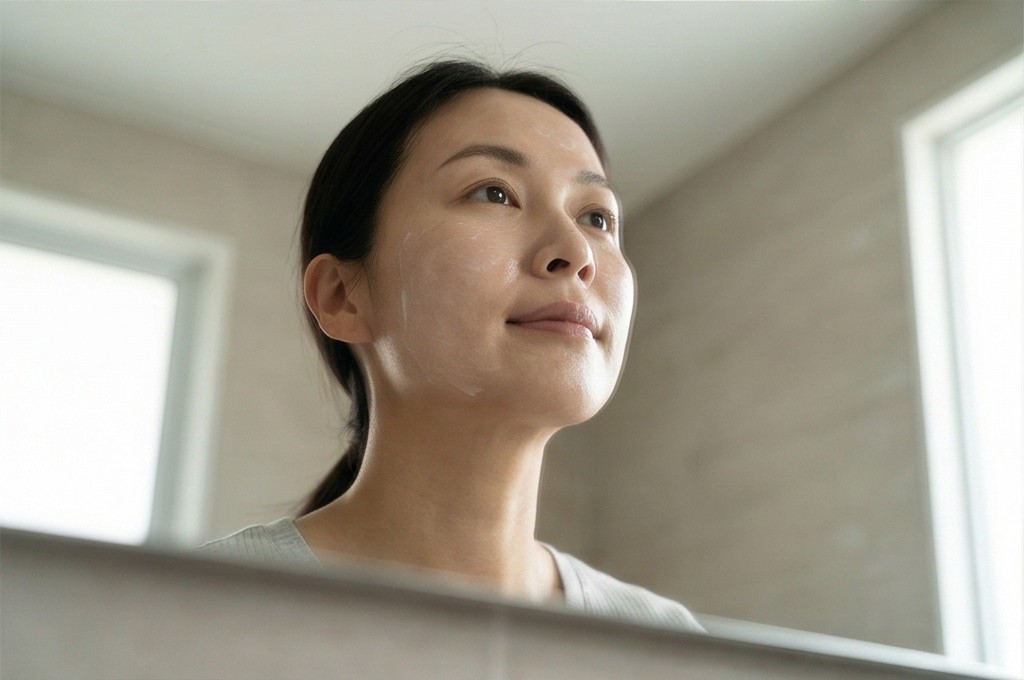 크림 사용 후 만족스러운 표정으로 위를 응시하는 모델의 모습이며, 피부 본연의 건강한 빛을 찾아 자신감 넘치는 분위기를 연출합니다.