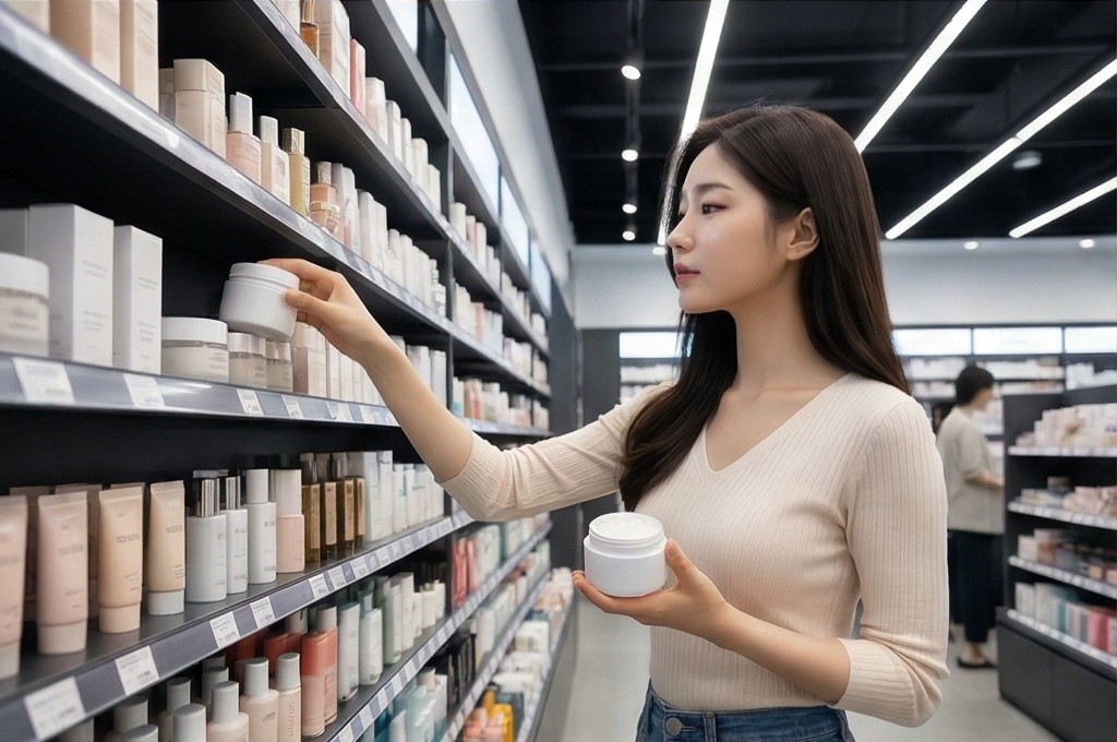 약국에서 크림을 고르는 모습