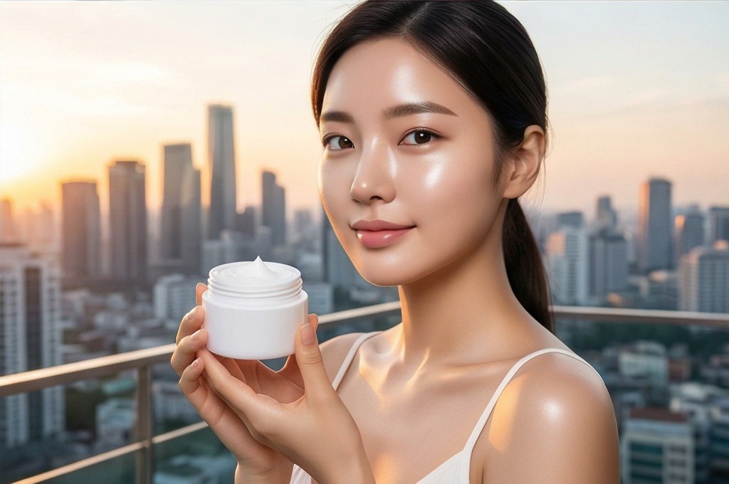 도시 야경 속 빛나는 피부