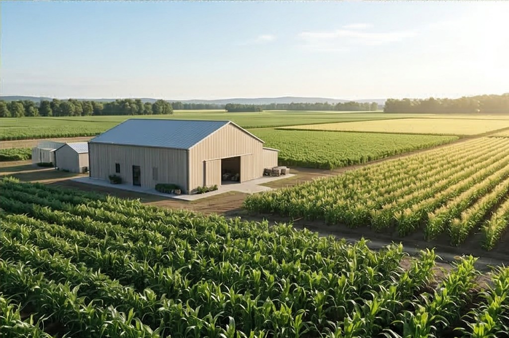 노을 지는 옥수수 밭과 농가