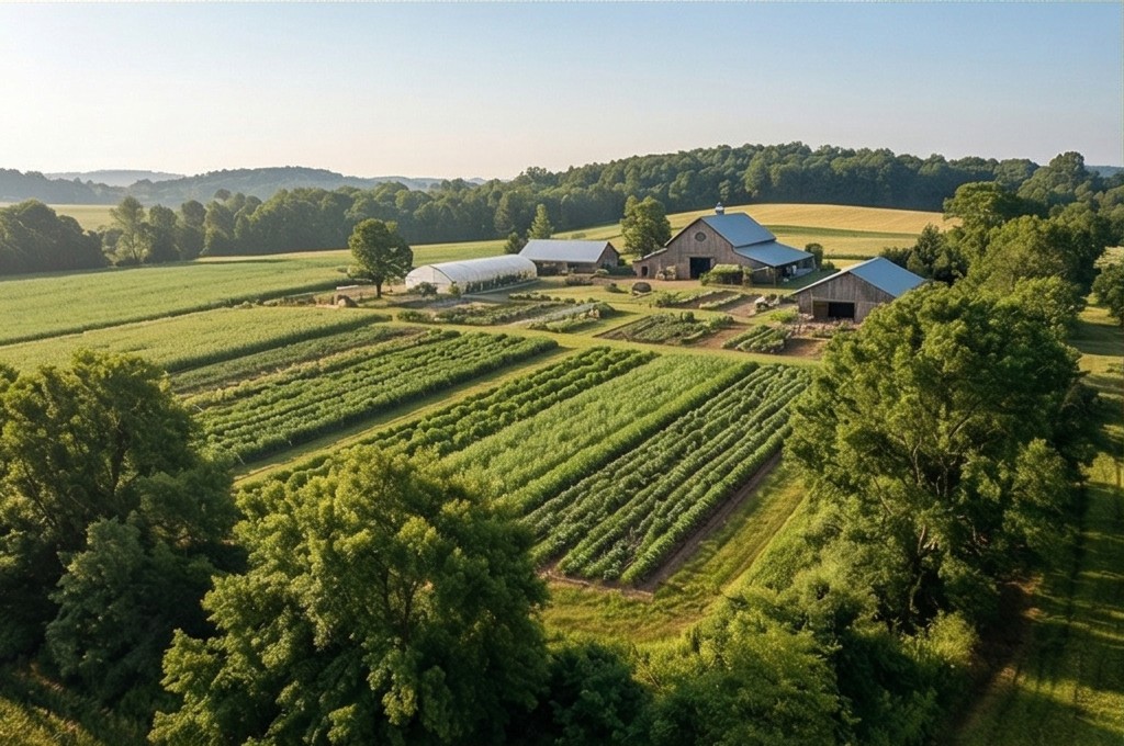 산으로 둘러싸인 농장