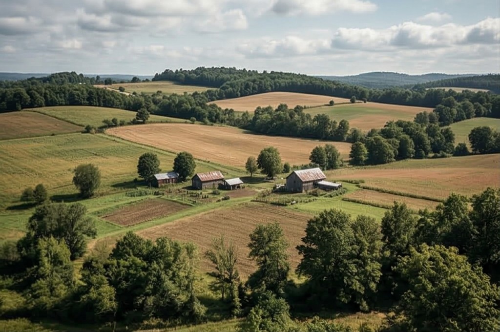 넓게 펼쳐진 농장의 풍요로운 전경