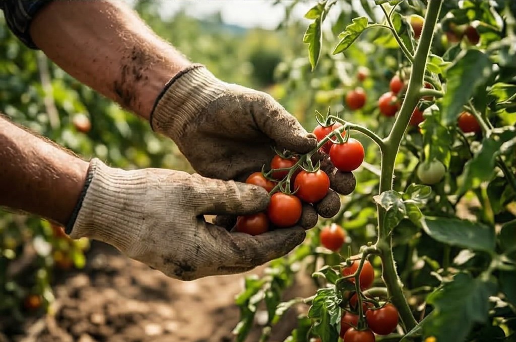 정성스럽게 토마토를 수확하는 손길