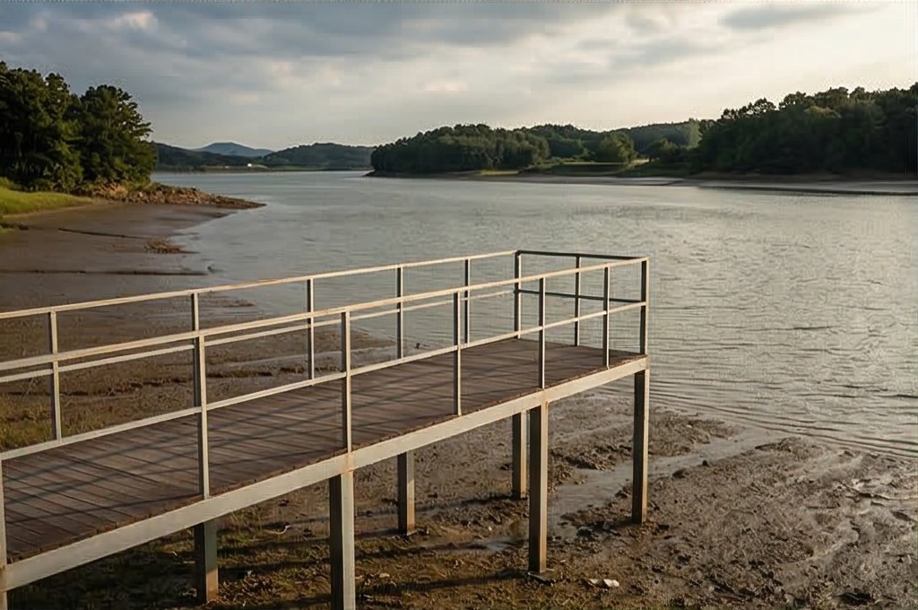 서천 물가 데크의 평온한 풍경