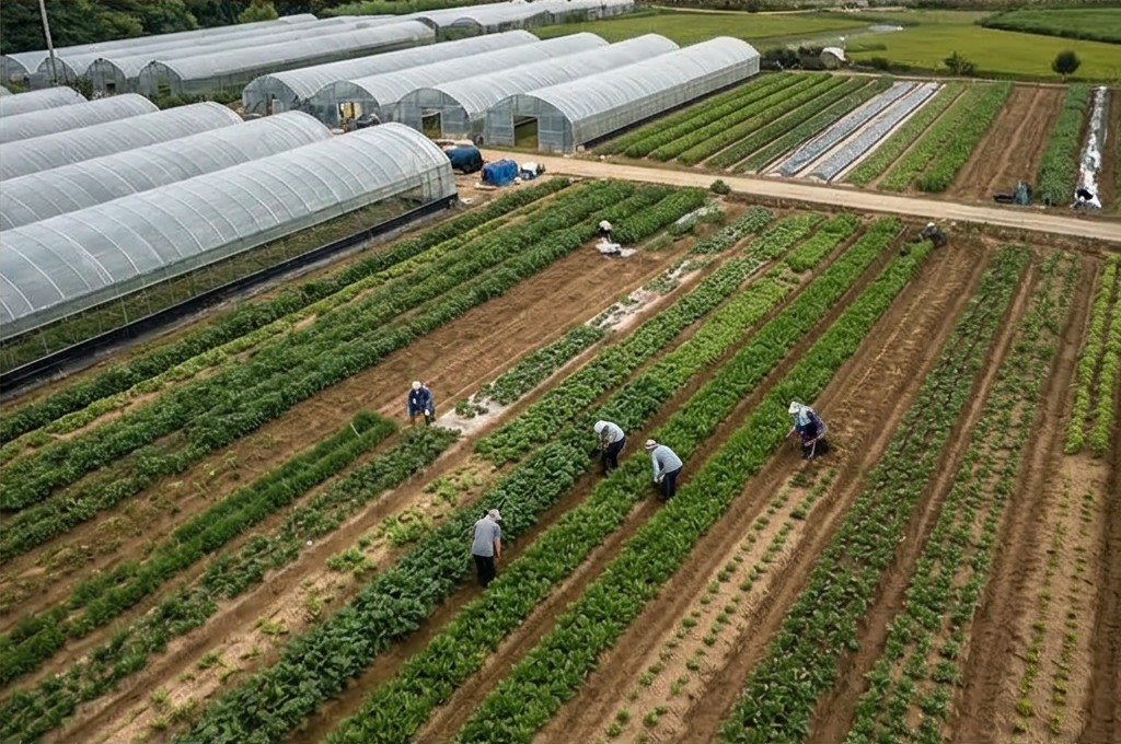 작물 가꾸는 농장 작업자들