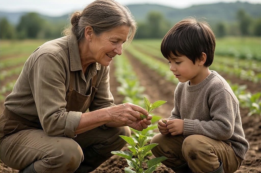 수확한 작물을 보며 웃는 모녀