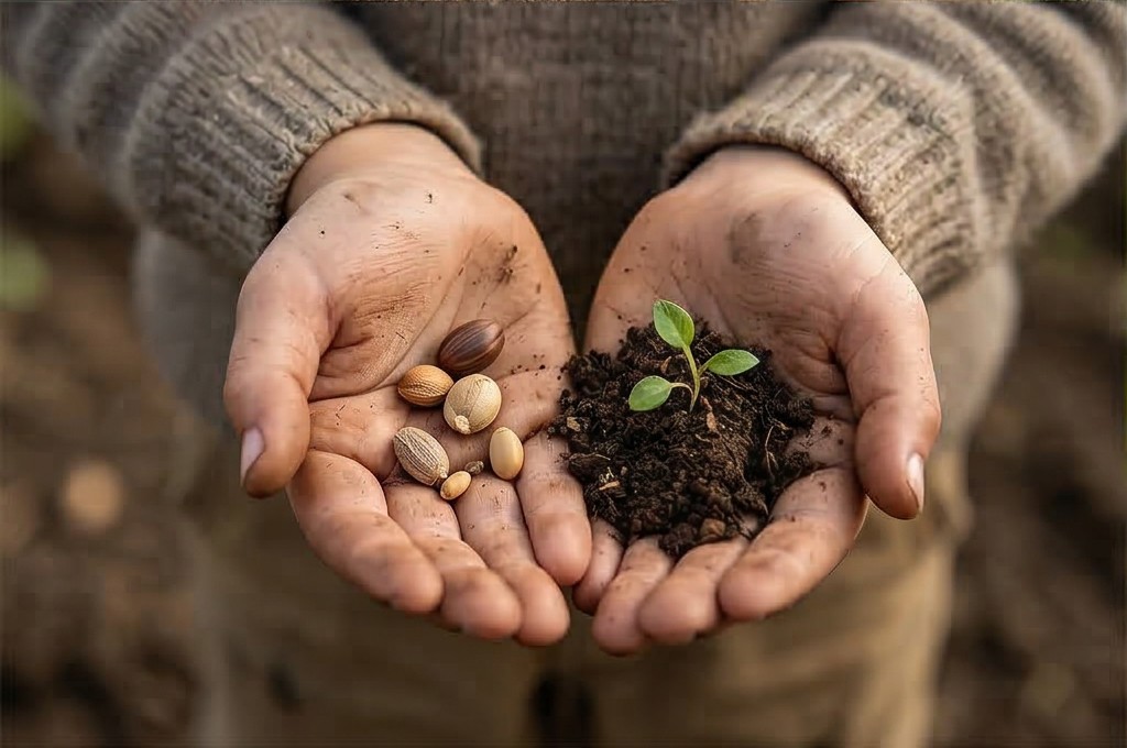 흙 묻은 손 위의 씨앗과 새싹