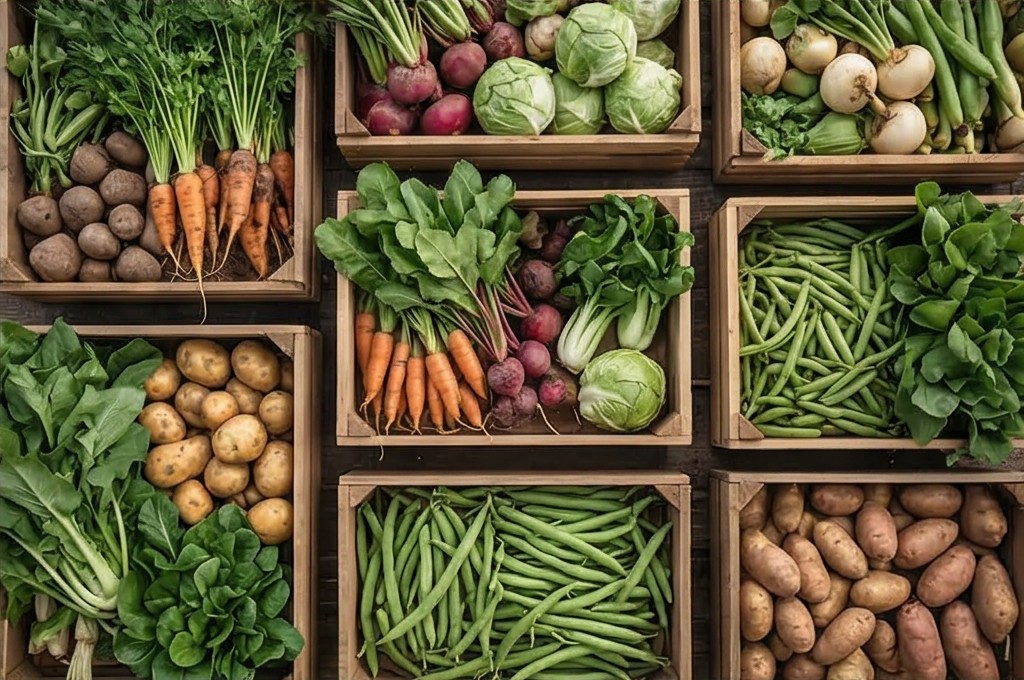 신선한 채소가 가득 담긴 상자