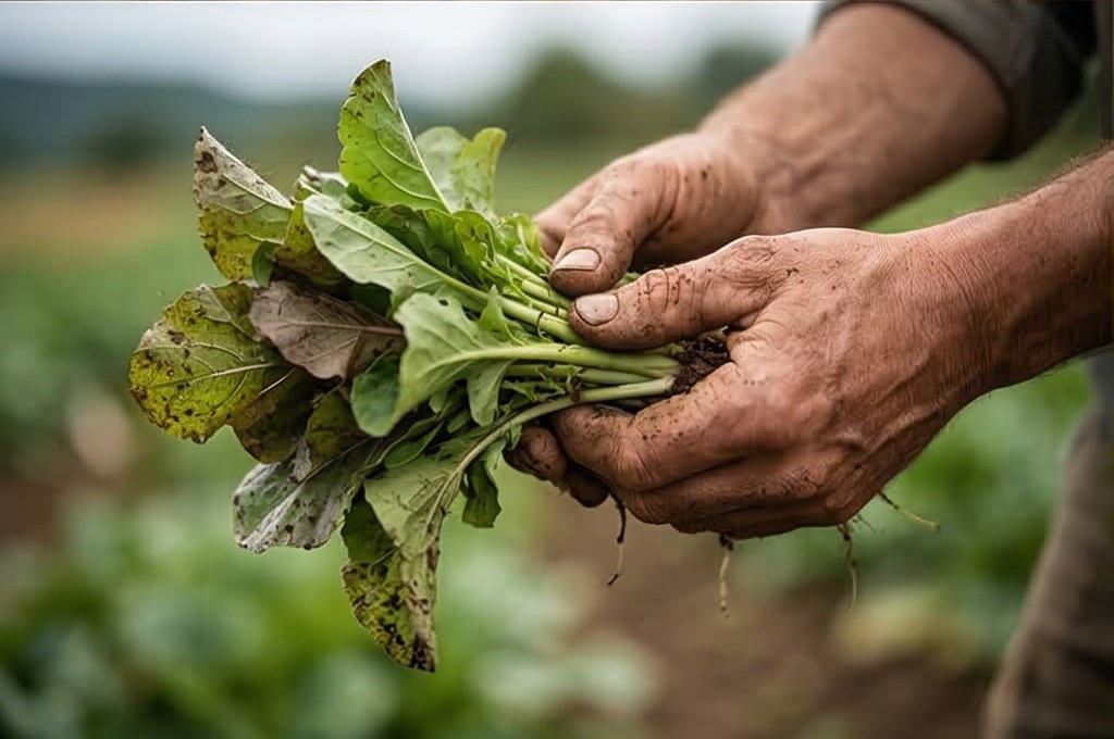 갓 수확한 신선한 채소를 든 손