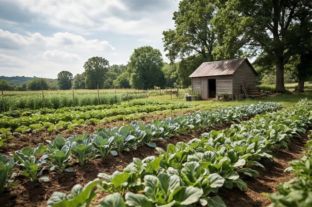 오두막 옆 건강한 작물