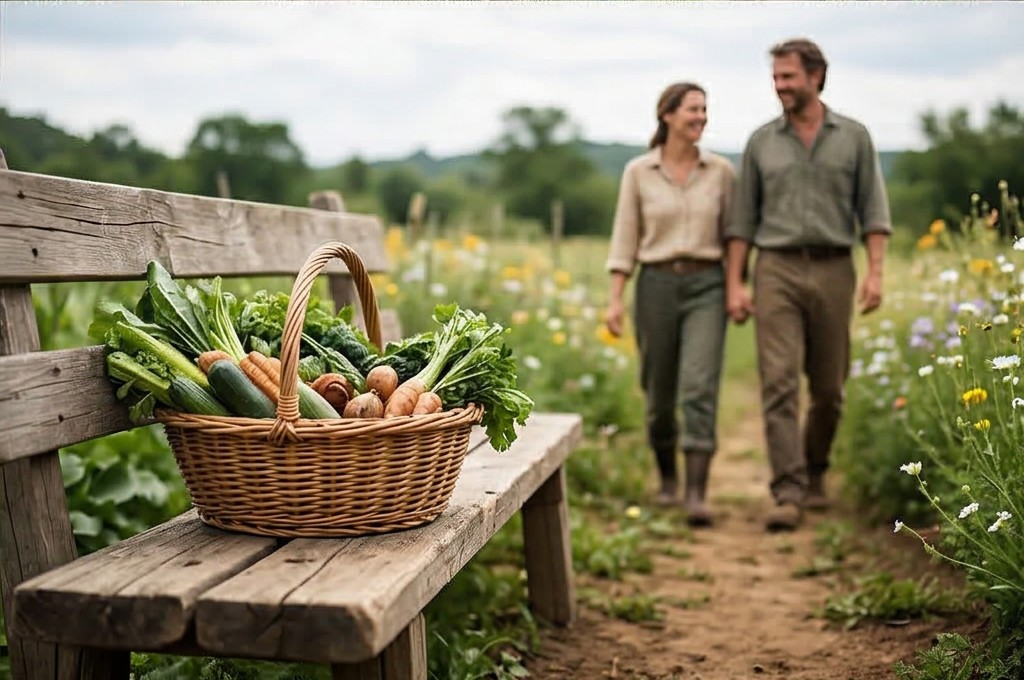 채소 바구니와 행복한 커플