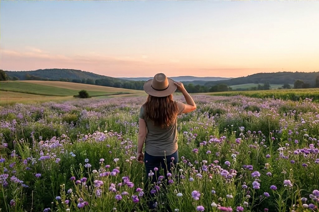 보랏빛 야생화 들판의 평화