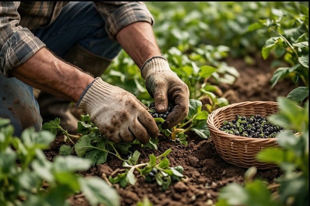 작은 열매를 조심스럽게 채취하는 손