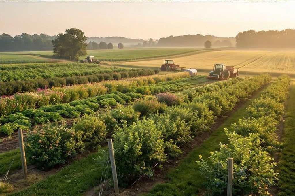 안개 낀 농장의 활기찬 시작
