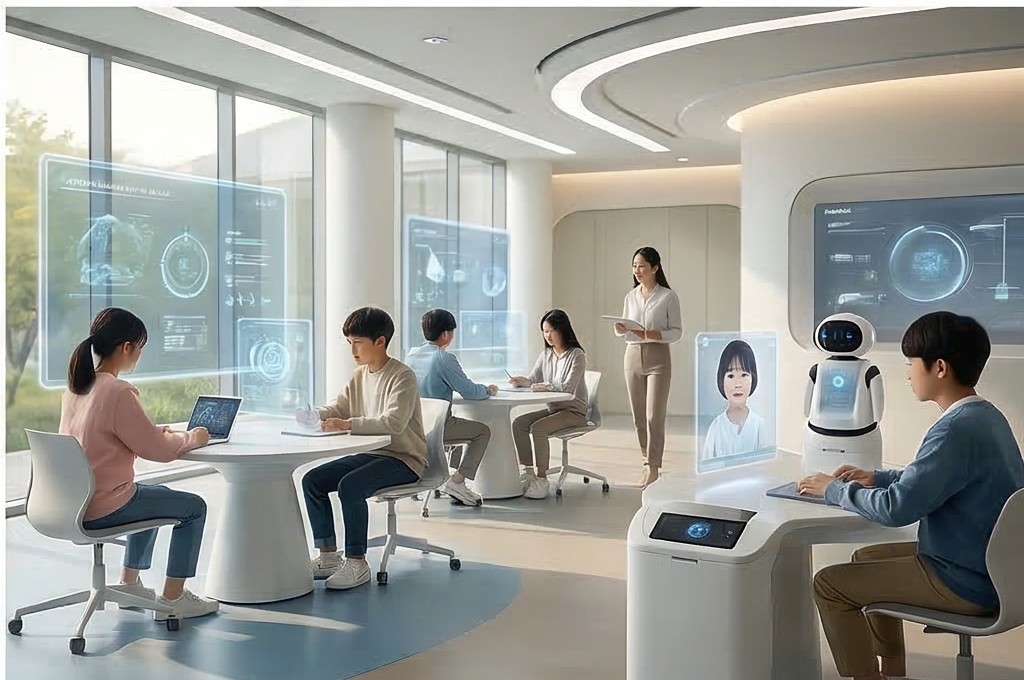 홀로그램과 로봇이 있는 미래 교실