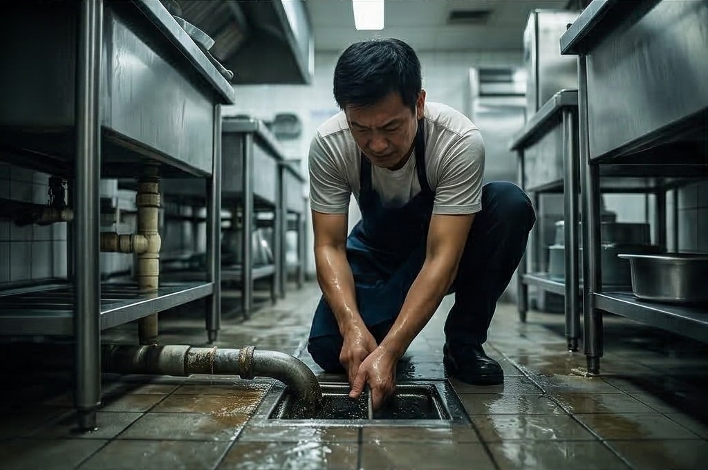 배수관 기름 문제로 고전하는 모습