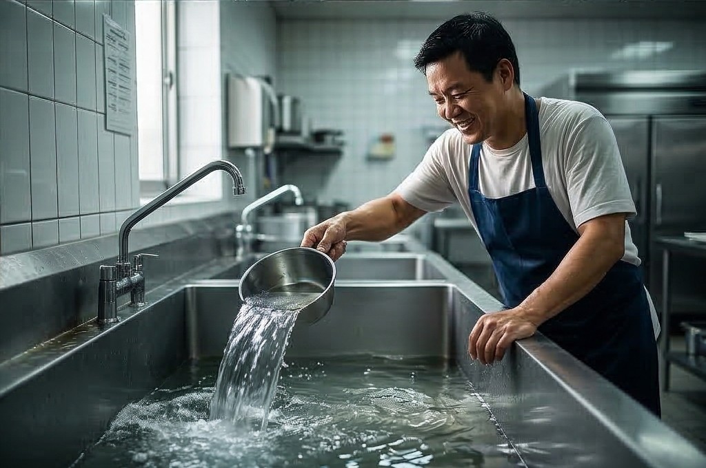 깨끗한 주방에서 미소 짓는 조리사