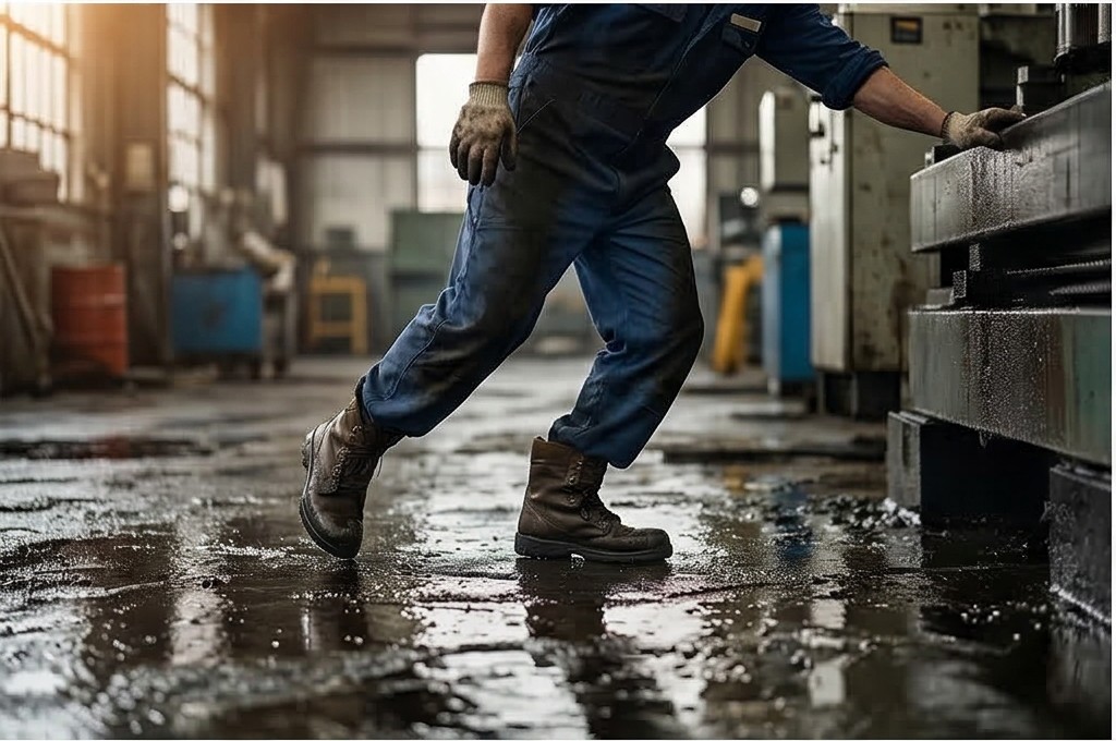 기름 섞인 미끄러운 공장 바닥