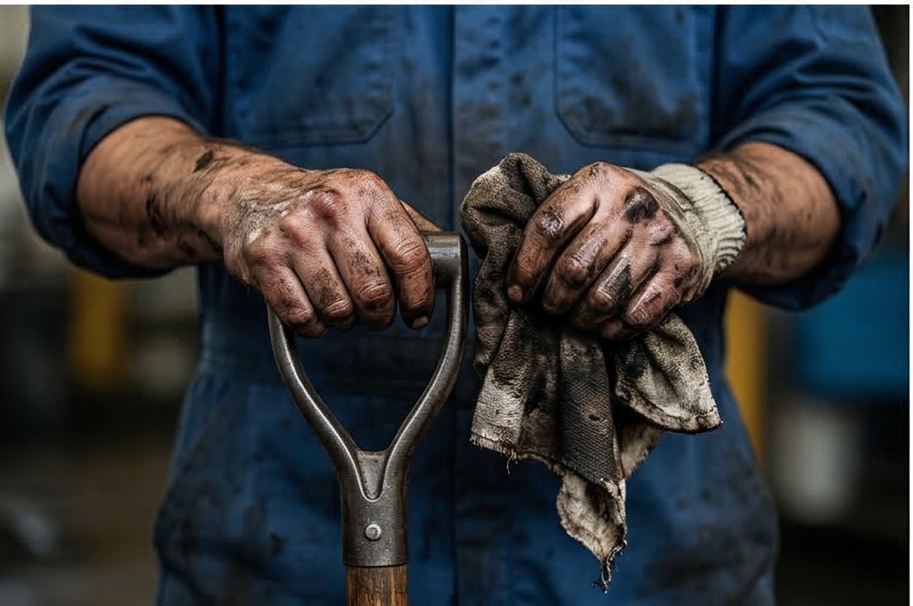 기름때 묻은 작업자의 지친 손