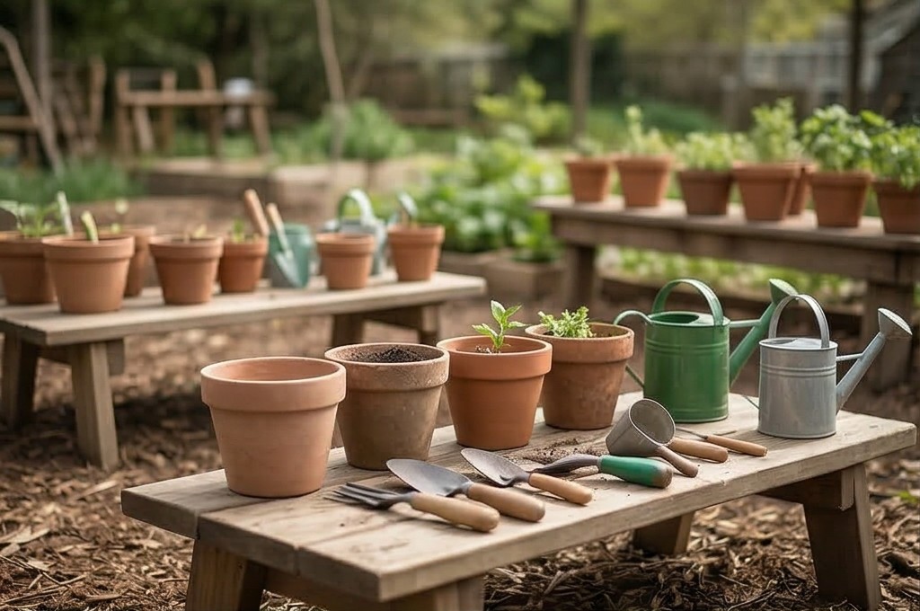 자연 속 원예 도구와 토분