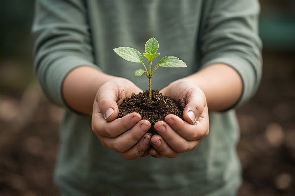 새싹을 소중히 감싼 아이의 손