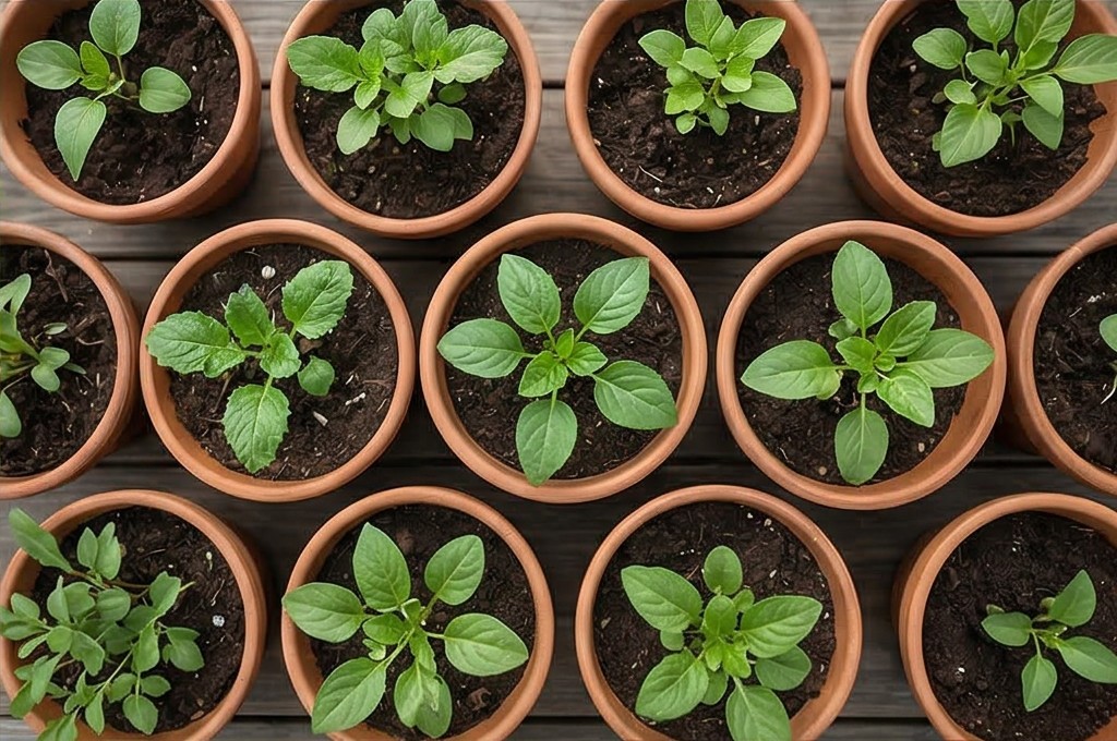 토분 속에서 자라나는 어린 식물들