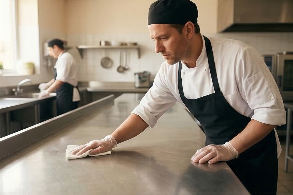 조리대 위생 관리하는 조리사