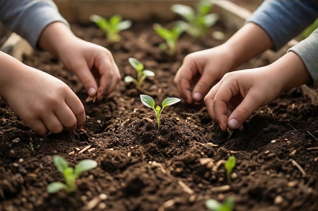 아이들이 씨앗을 심는 손길