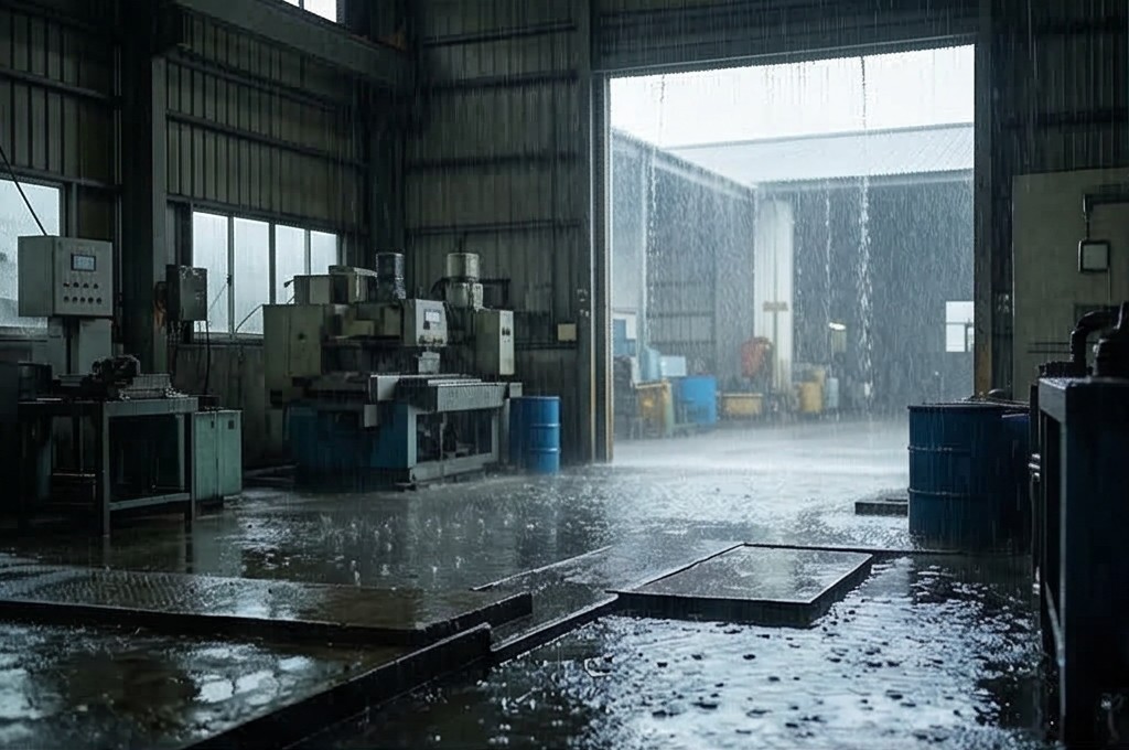 빗물 유입으로 물바다가 된 공장