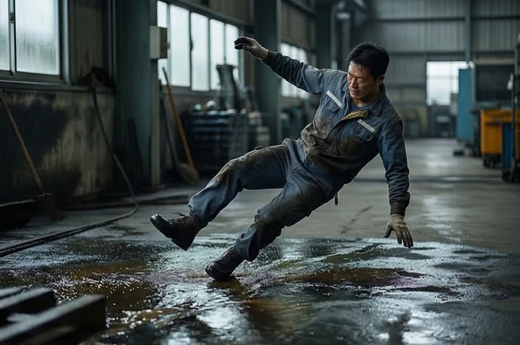 미끄러운 바닥에서 넘어지는 작업자