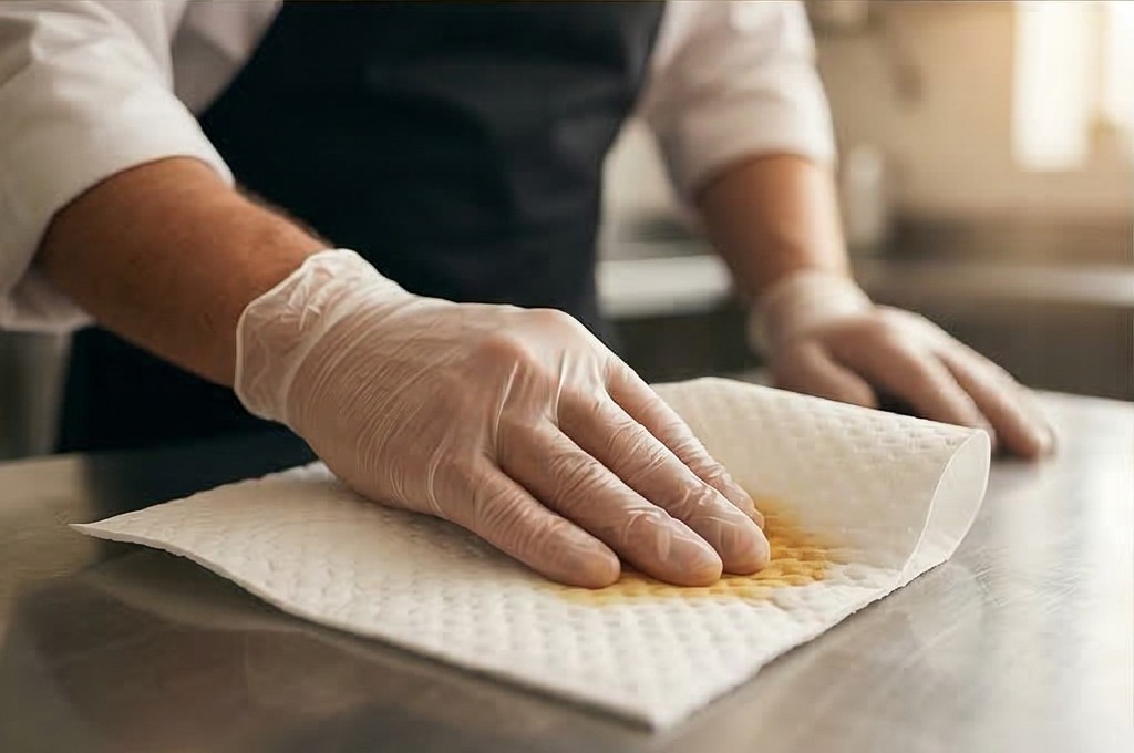 엠보싱 패드로 기름 닦는 손