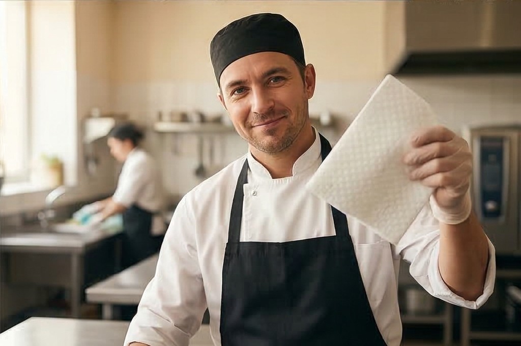 패드를 들고 만족하는 조리사