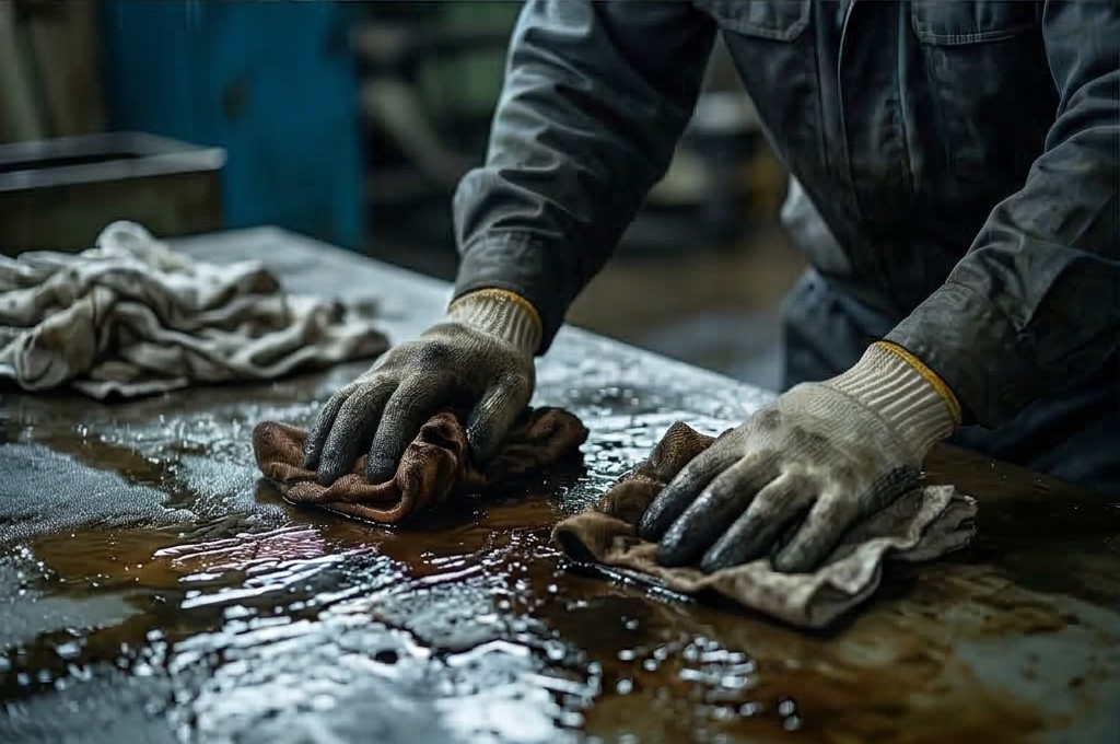 기름 묻은 걸레로 청소하는 손