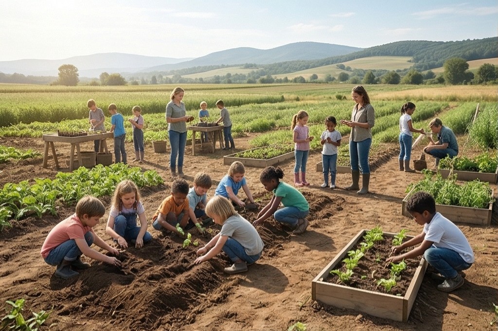 농장에서 농작물을 가꾸는 아이들