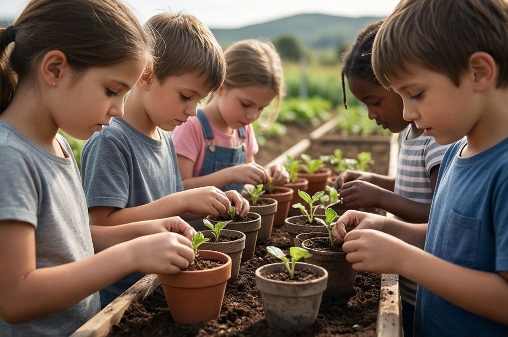 아이들이 흙을 만지며 식물을 심는 모습