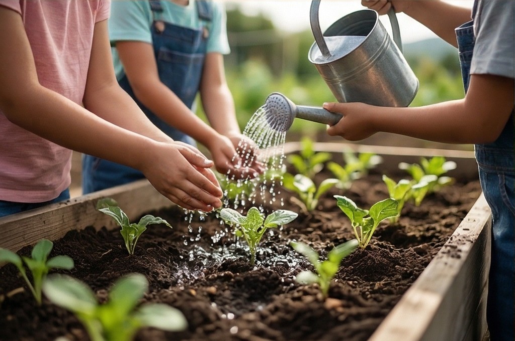 아이들이 식물에 물을 주는 모습