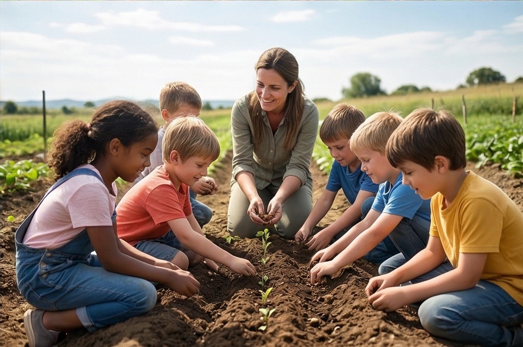 아이들이 밭에서 식물을 심는 즐거운 순간
