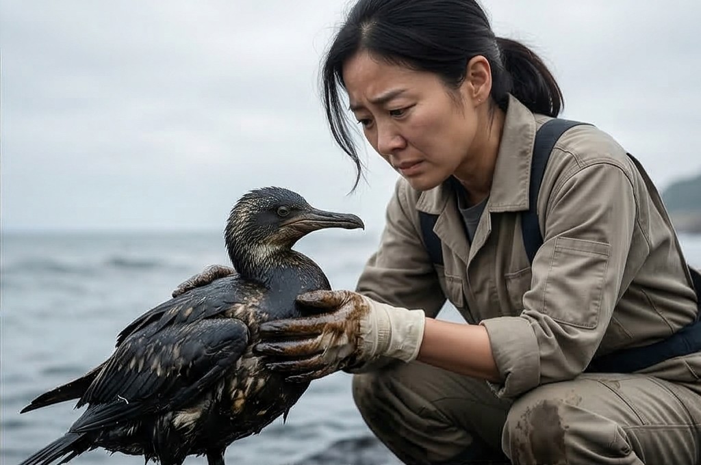 기름에 젖어 고통받는 바다새