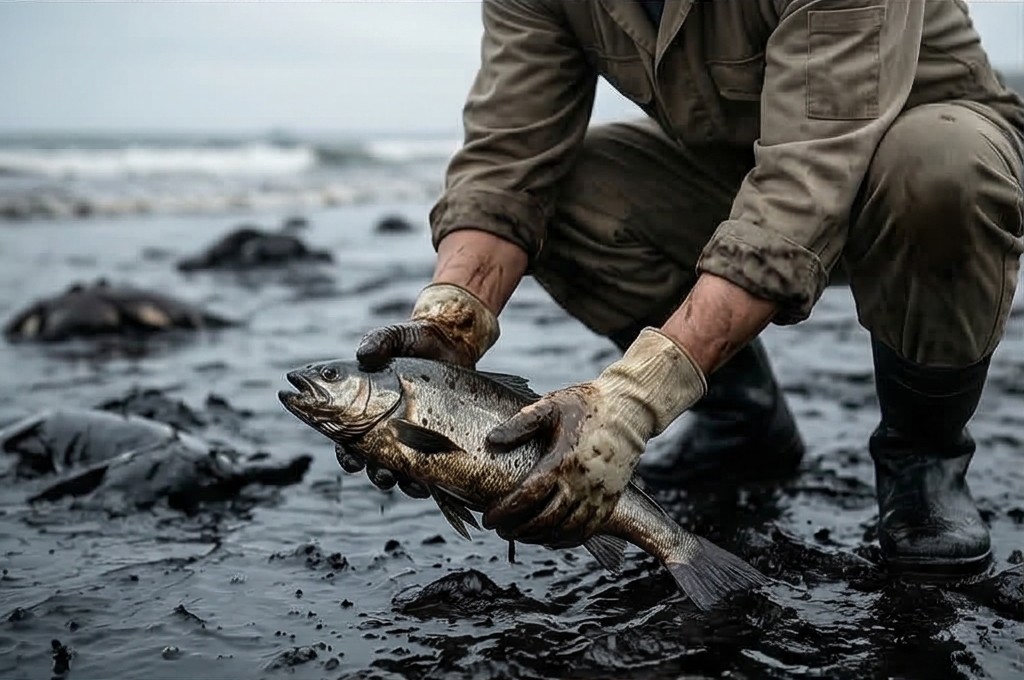 기름 범벅이 된 물고기의 참상