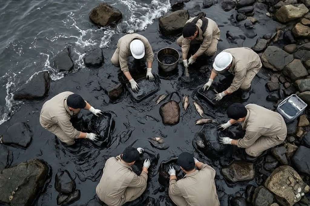 갯바위 틈새 기름 제거 작업