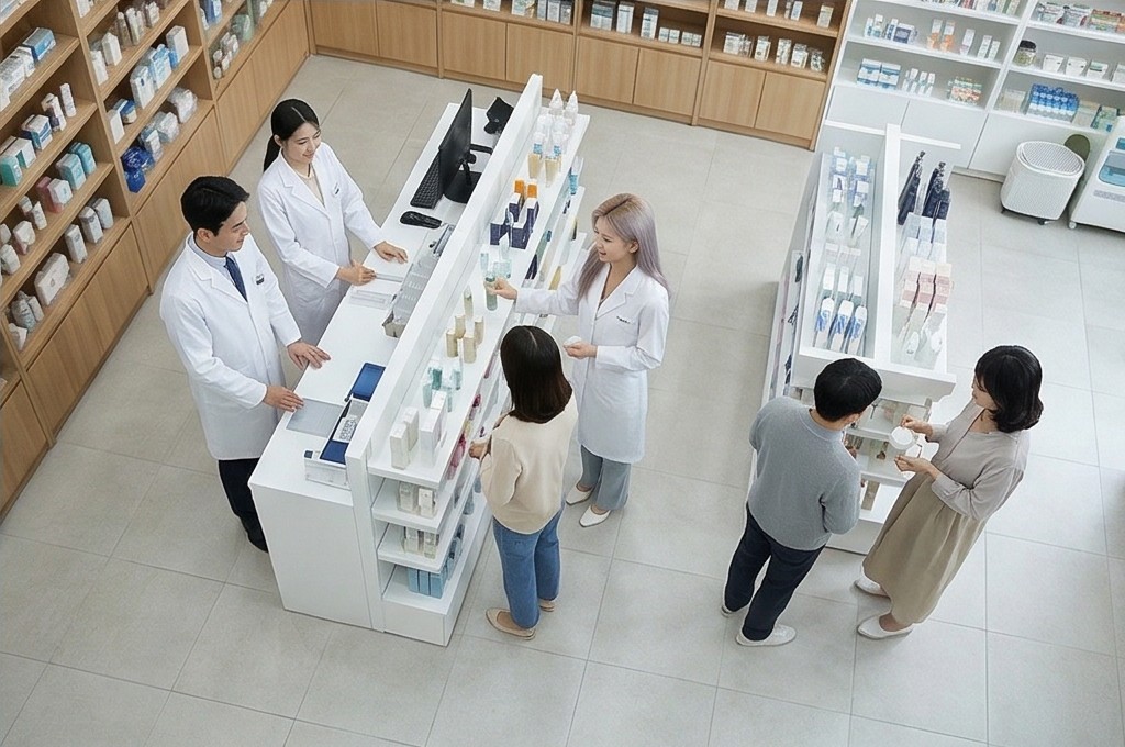 약국에서 약사와 상담하는 모습