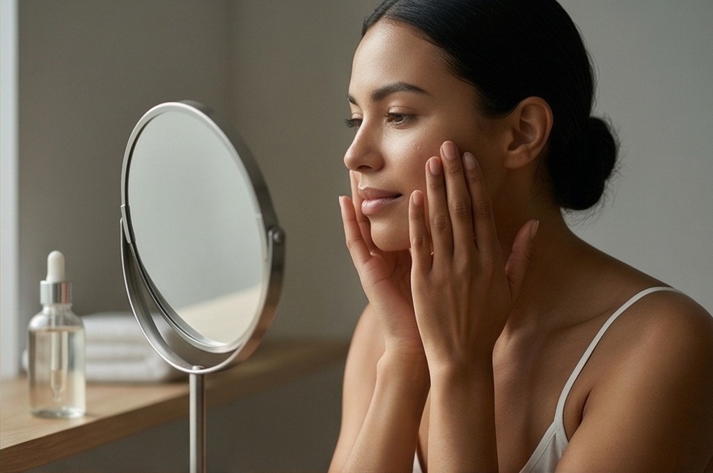 거울 속 건강한 피부 변화