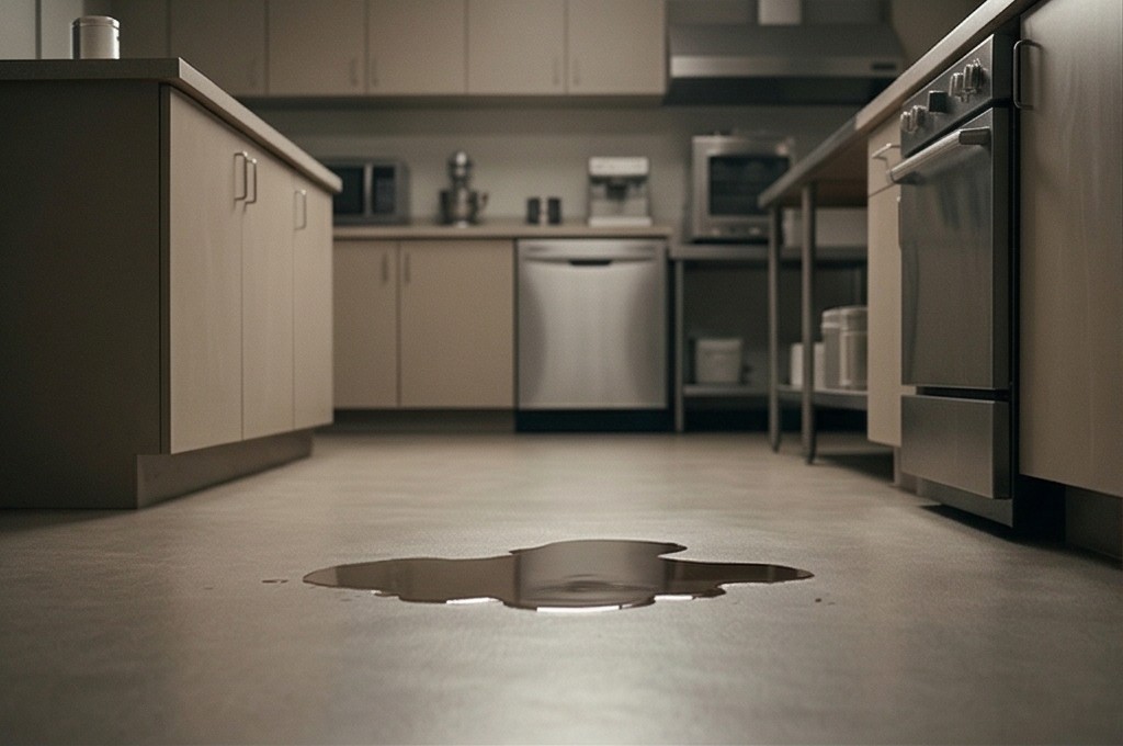 주방 바닥에 기름 유출된 모습