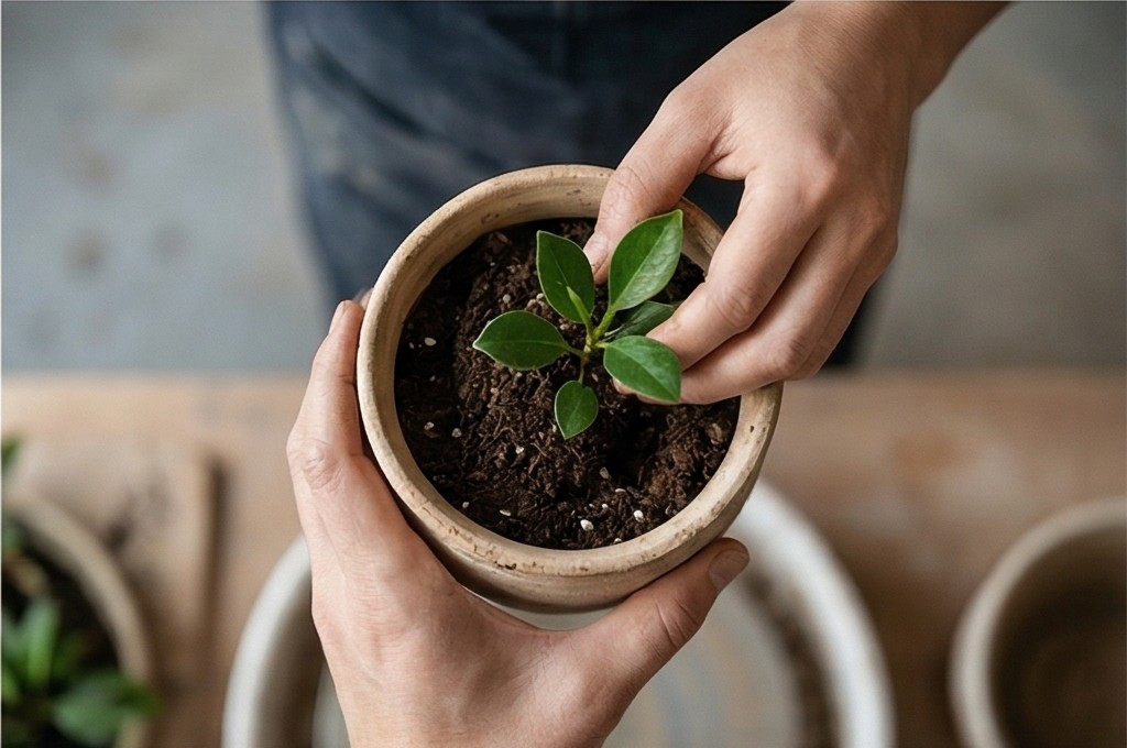 토분에 어린 식물 옮겨 심는 손