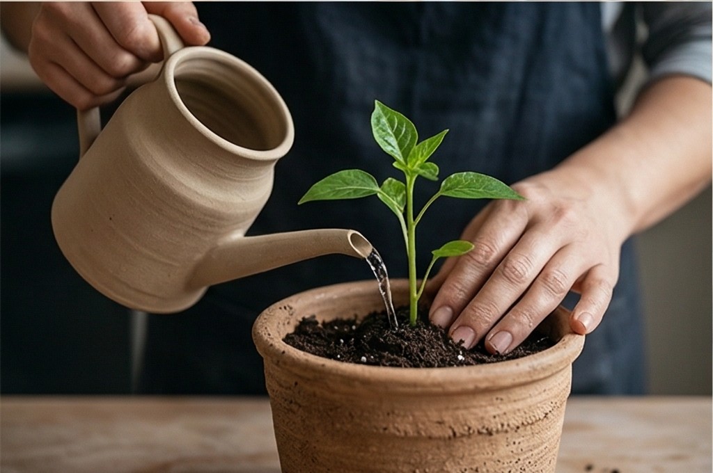 토분 식물에 물 주는 손길