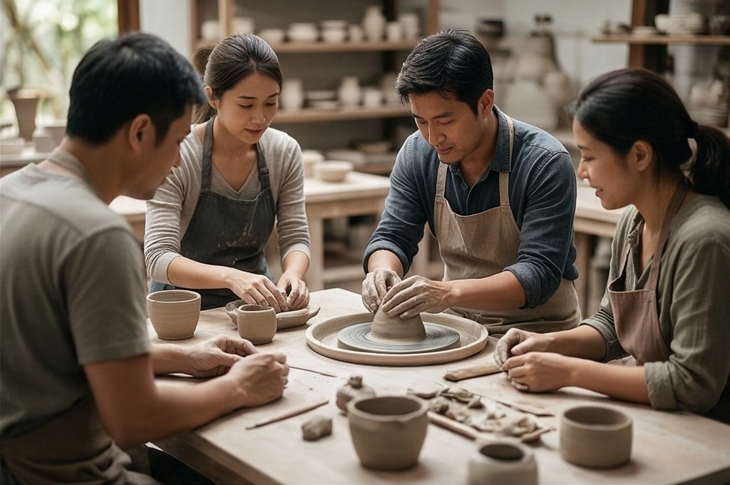 공방에서 도자기 빚는 사람들
